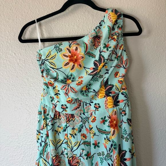 One Shoulder Turquoise floral Wide Leg Jumpsuit Size 6 Medium - Picture 5 of 8